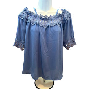 iZ Byer Blue Off Shoulder Lace Top Medium